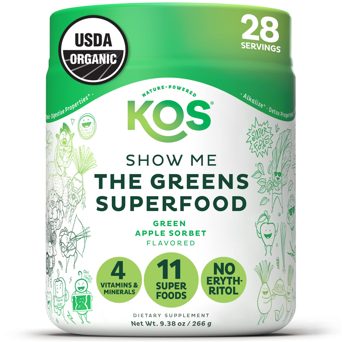 KOS Organic Super Greens bottle shows vibrant powder for daily nutrition and energy