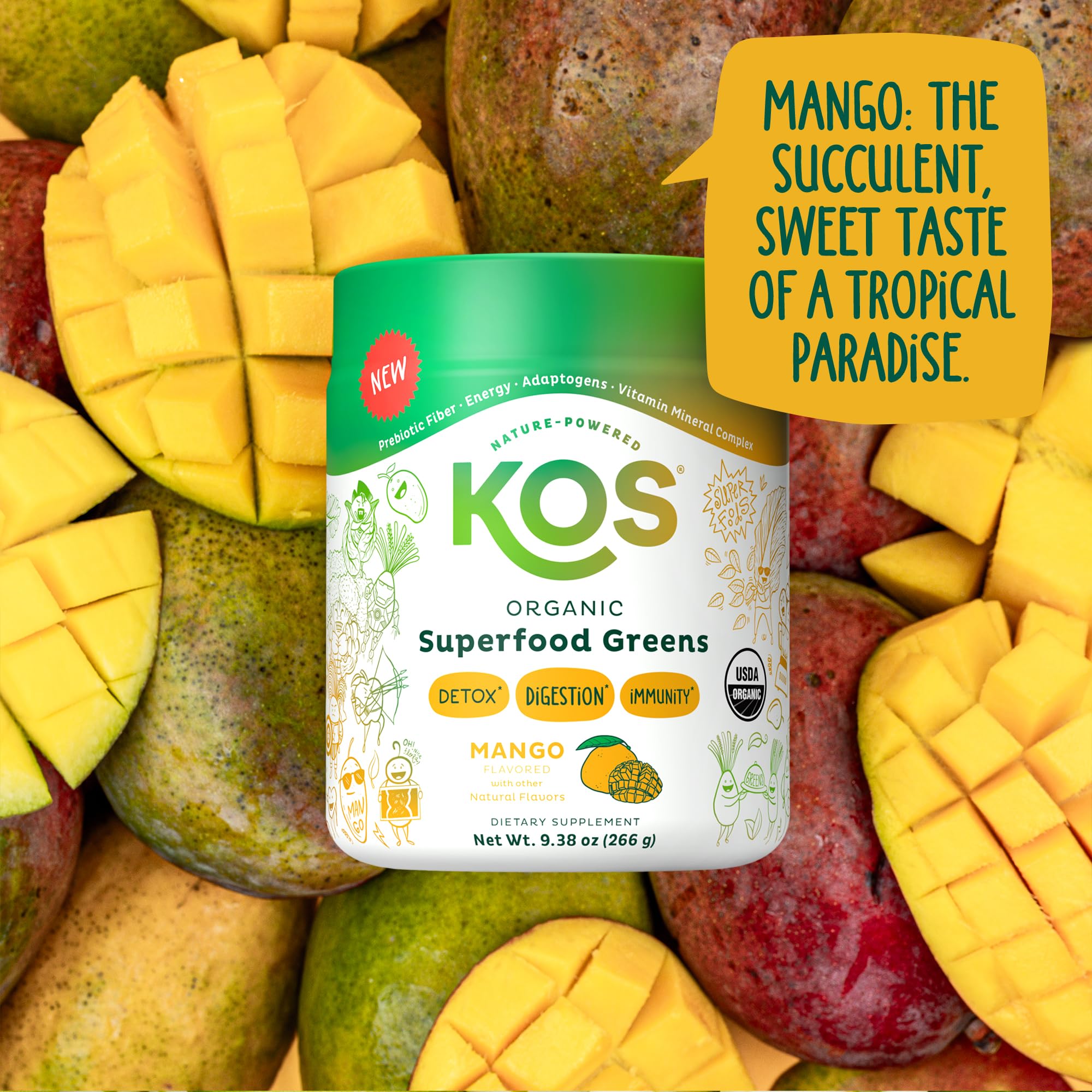 KOS Mango Greens supports daily digestion in a convenient routine.