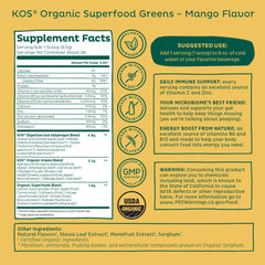 KOS Organic Greens Powder mango packaging showcases label.