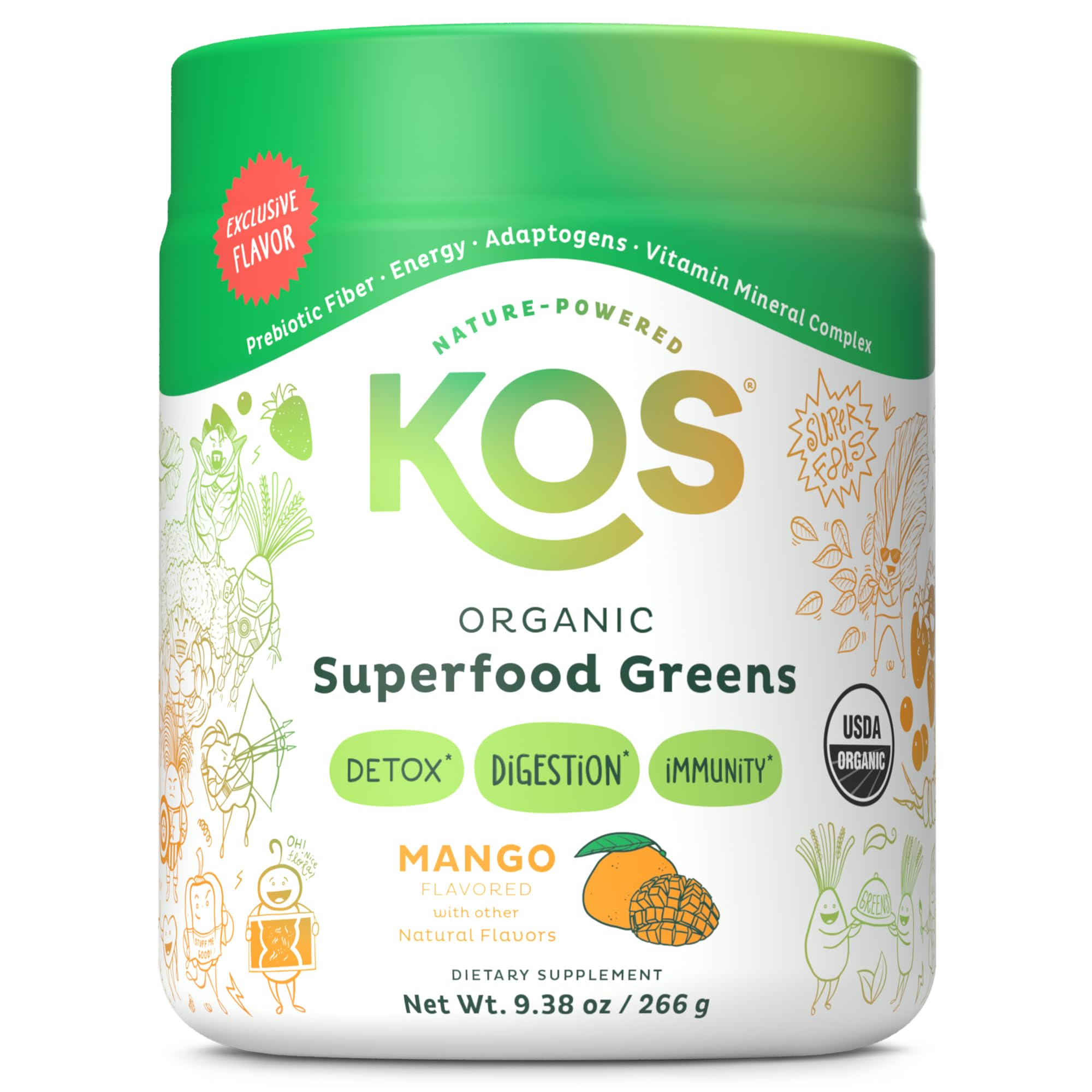KOS Organic Superfood Greens Powder mango scoop dissolving in water for daily nutrition.