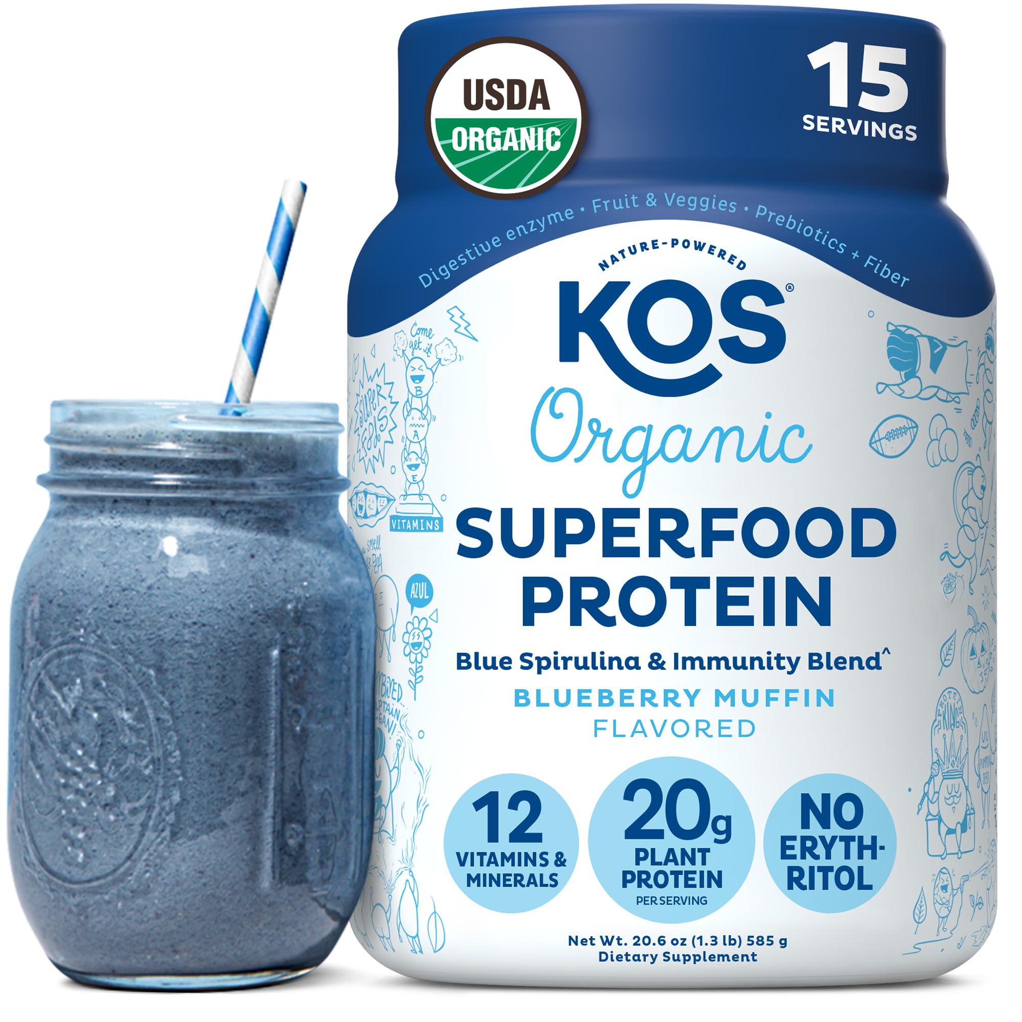 KOS plant-based protein powder blueberry muffin tub for tasty shakes
