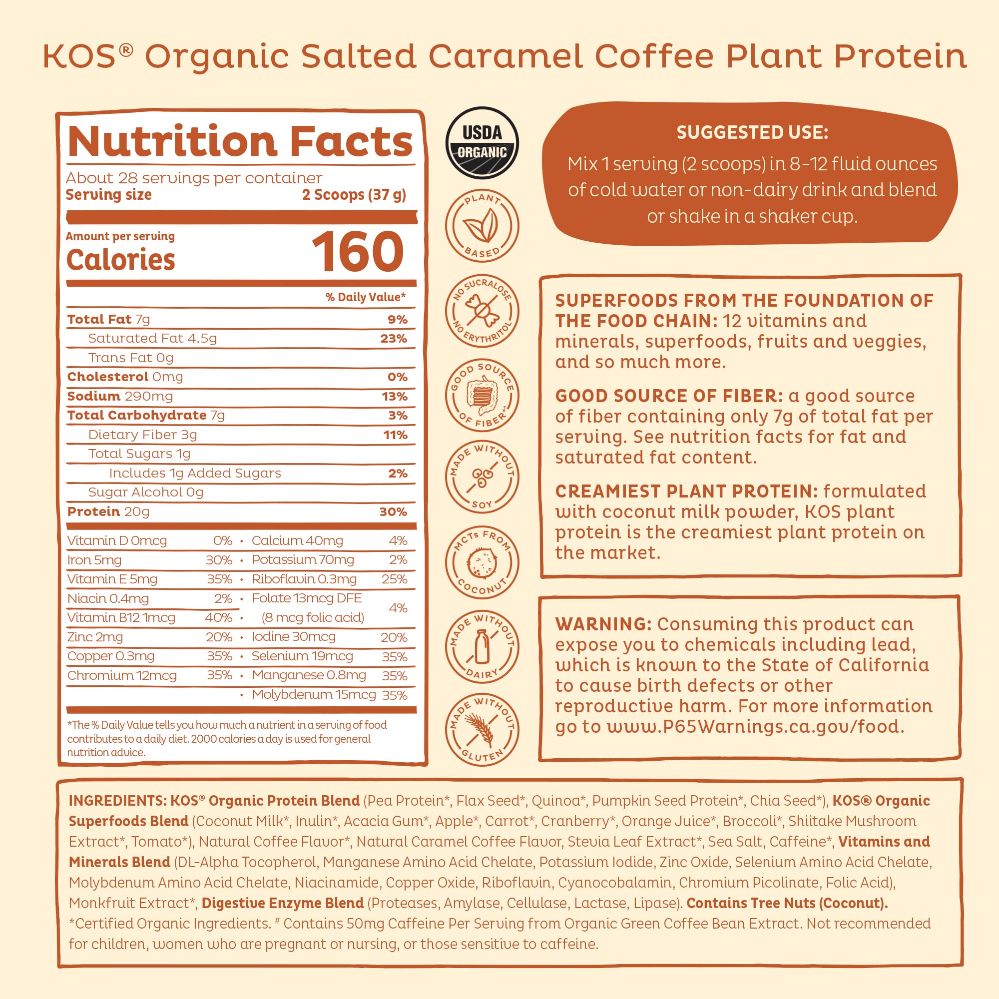 Kos plant-based superfood vitamins label showing essential minerals for daily wellness.