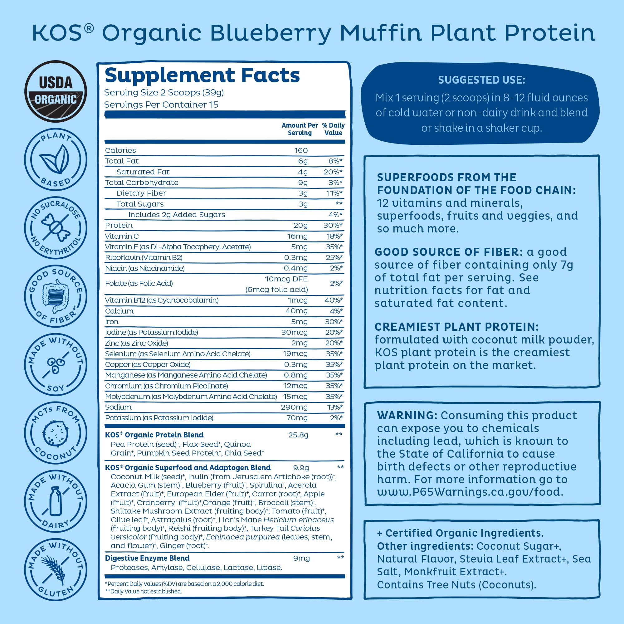 KOS shake in glass showing creamy blueberry-tinted protein drink