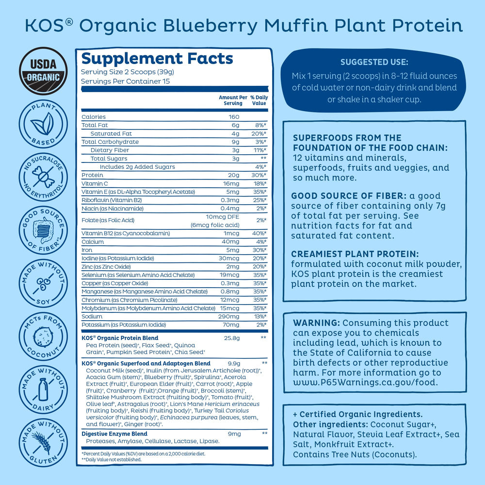 KOS shake in glass showing creamy blueberry-tinted protein drink