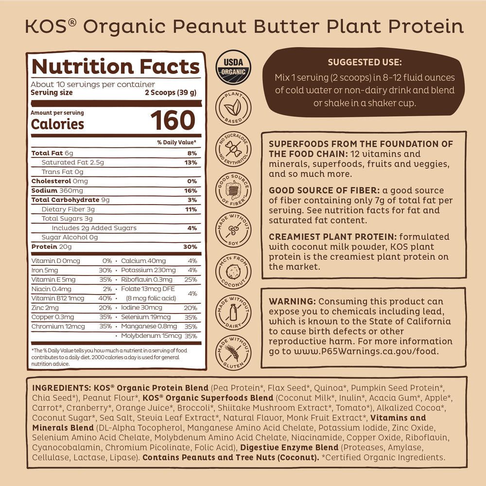 KOS vegan protein on kitchen counter ready for a shake or smoothie