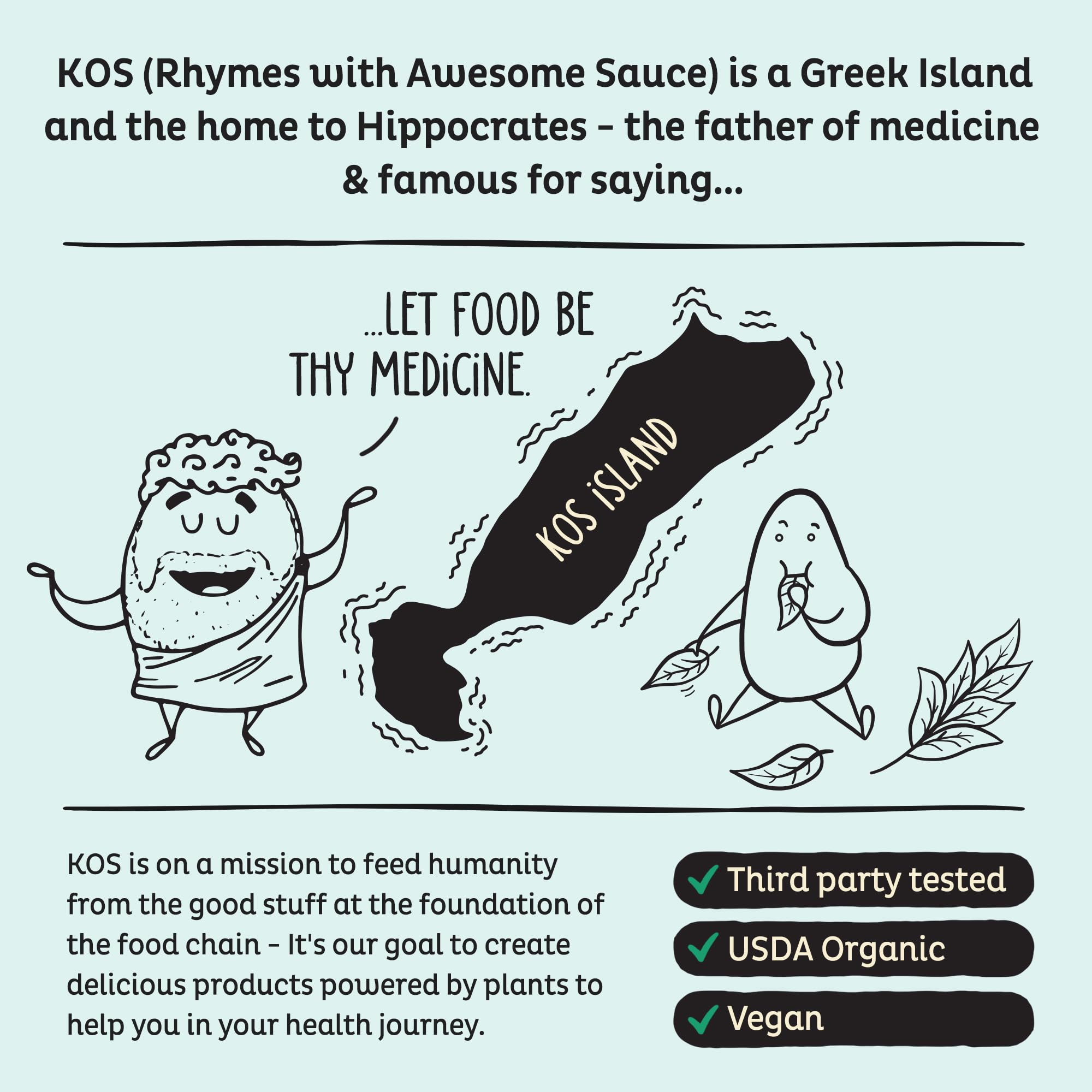 KOS vegan protein is gluten-free, dairy-free, and soy-free on front label.