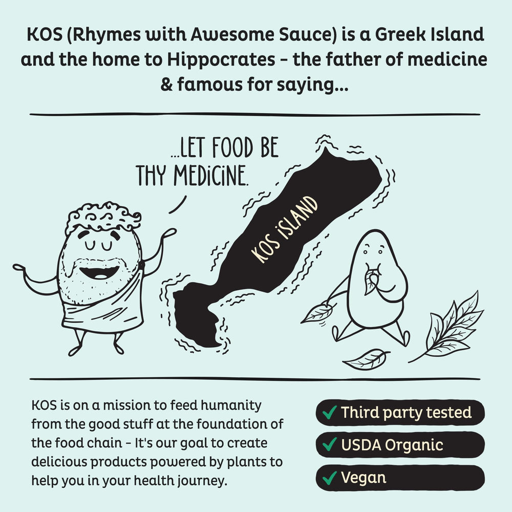 KOS vegan protein is gluten-free, dairy-free, and soy-free on front label.