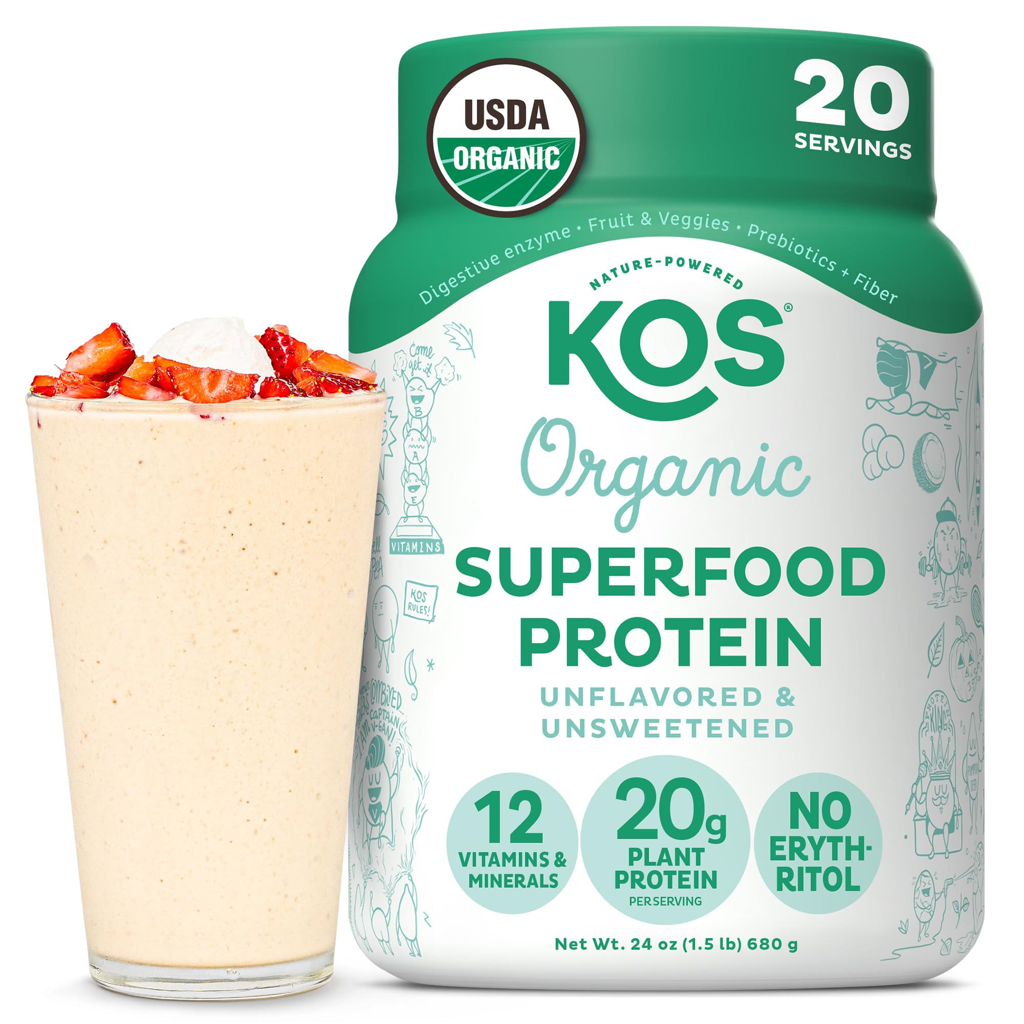 KOS vegan protein powder jar showing unflavored formula and organic ingredients.