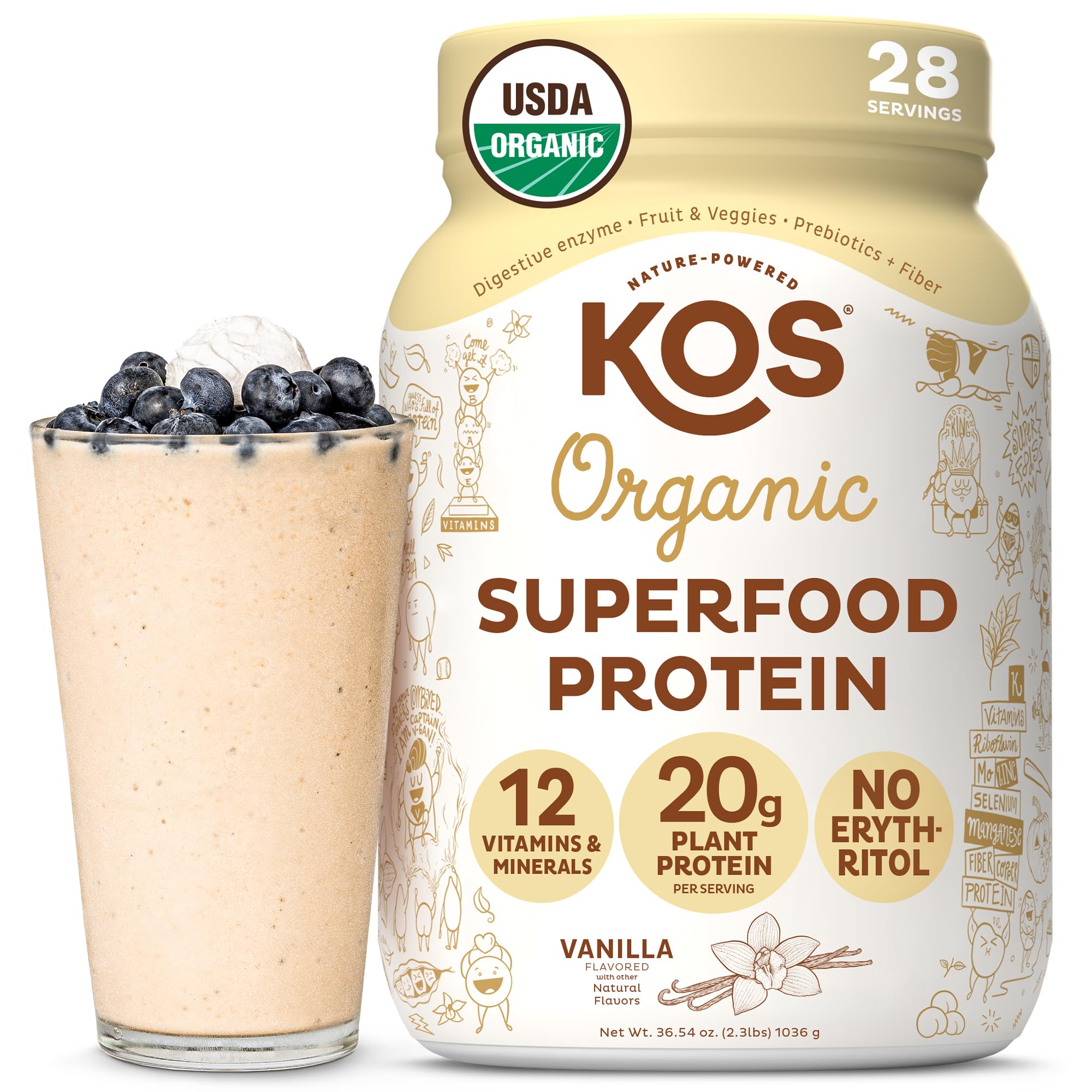 KOS Vegan Protein Powder bottle highlighting vanilla flavor and clean organic ingredients for a quick protein boost