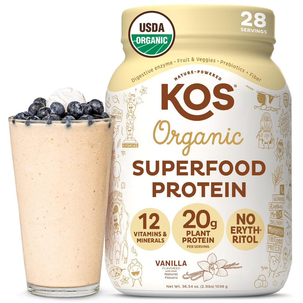 KOS Vegan Protein Powder bottle highlighting vanilla flavor and clean organic ingredients for a quick protein boost