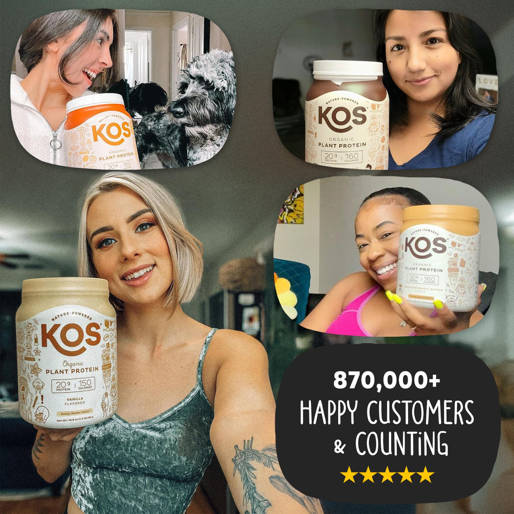 KOS Protein Cup image with creamy shake invites you to mix with oats or smoothies