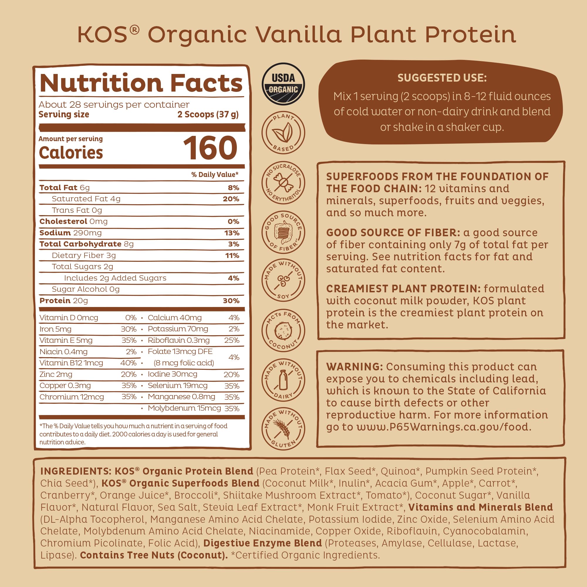KOS label reads dairy-free and vegan-friendly for mindful nutrition