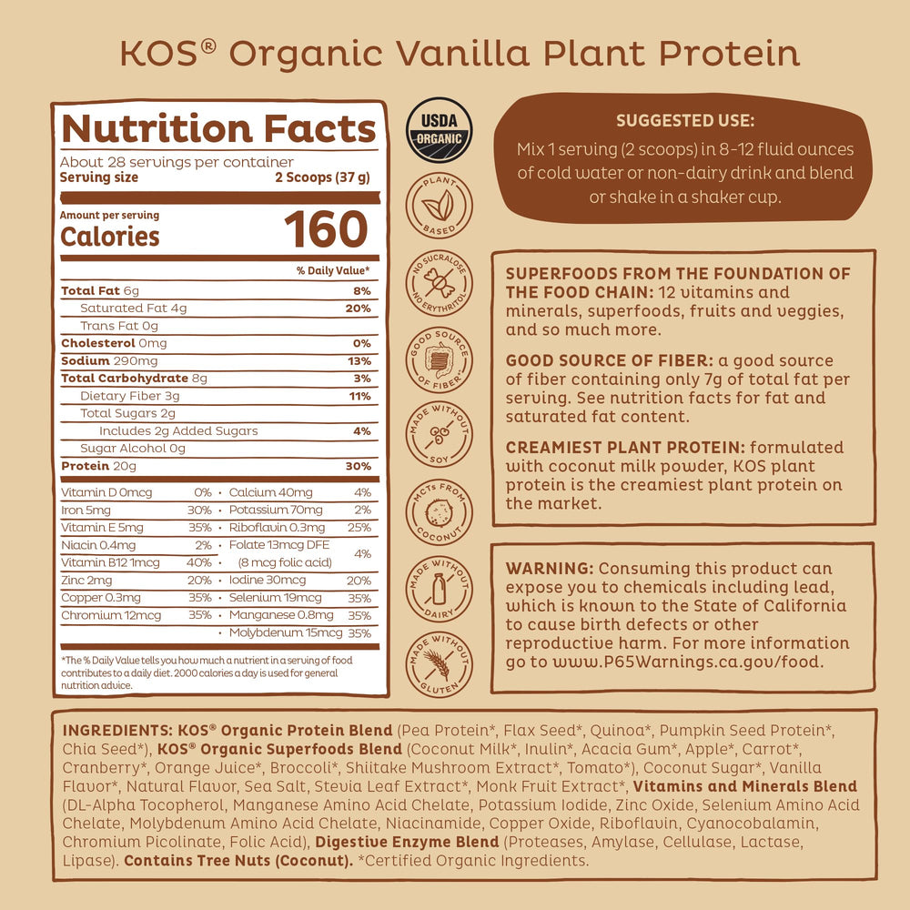 KOS label reads dairy-free and vegan-friendly for mindful nutrition