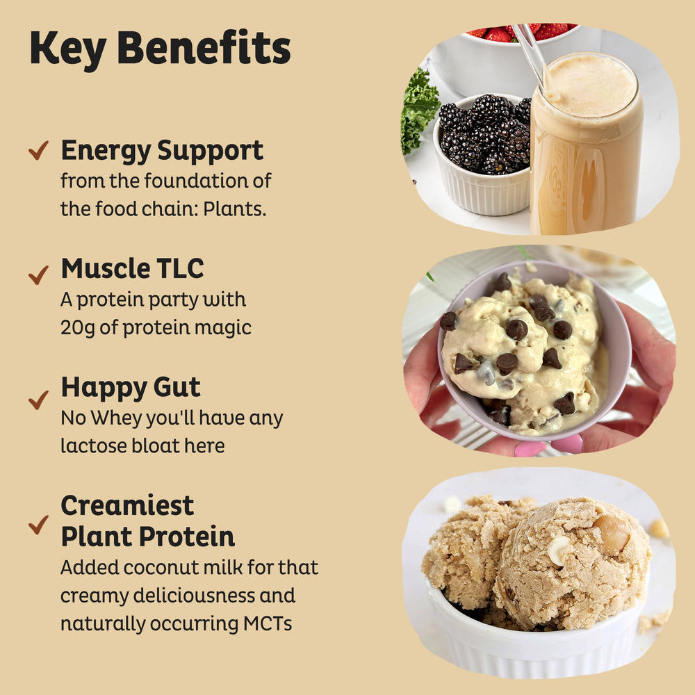 KOS Vegan Protein Scoop resting beside powder highlights serving simplicity and convenient dosing