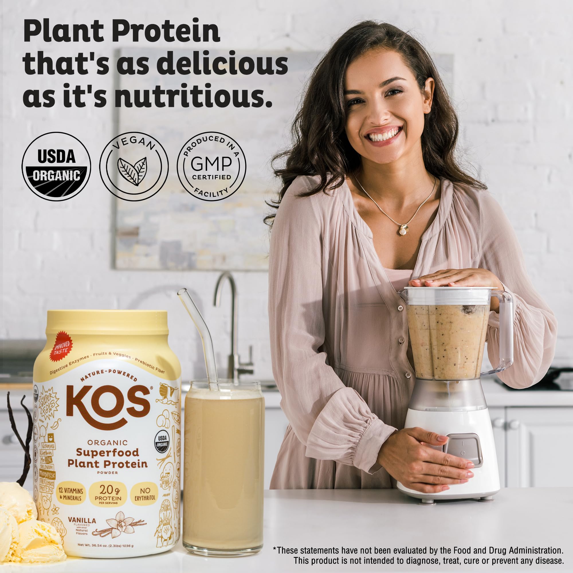 KOS Vegan Protein Shaker framed with a frothy vanilla shake for post-workout refreshment