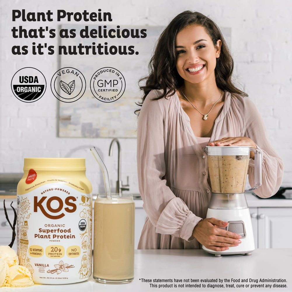 KOS Vegan Protein Shaker framed with a frothy vanilla shake for post-workout refreshment