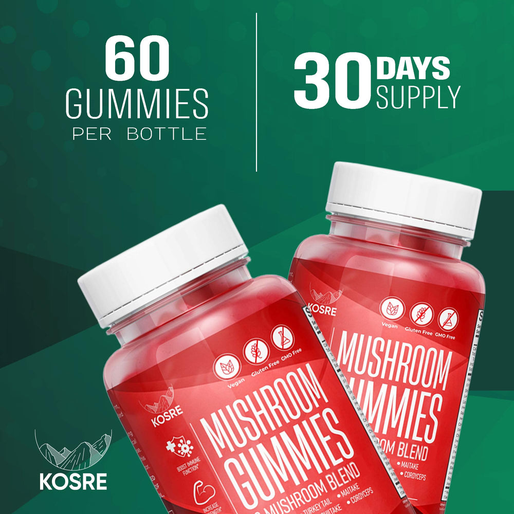 KosRE Mushroom Gummies bottle open reveals raspberry flavor and easy chew