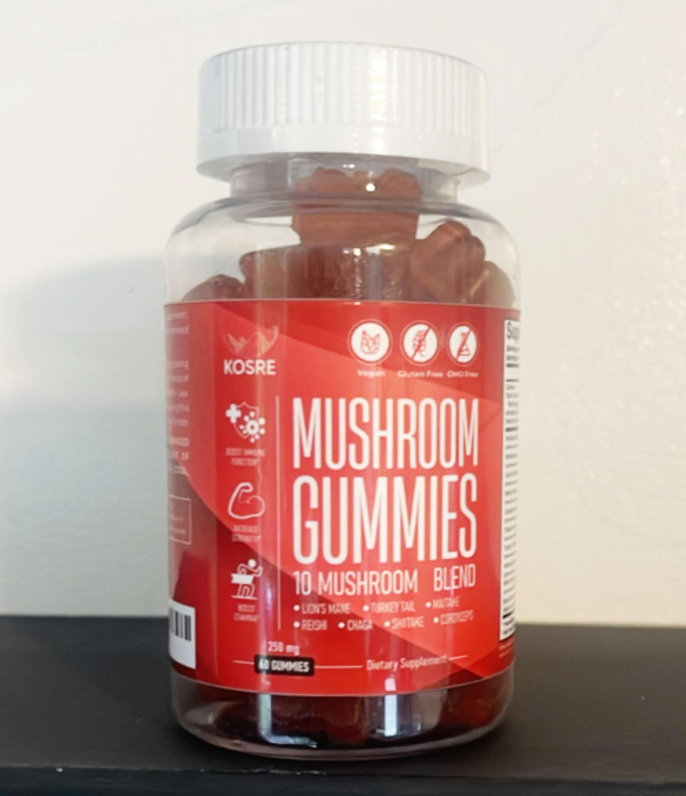 KosRE Mushroom Gummies family pack image highlighting shared wellness routine