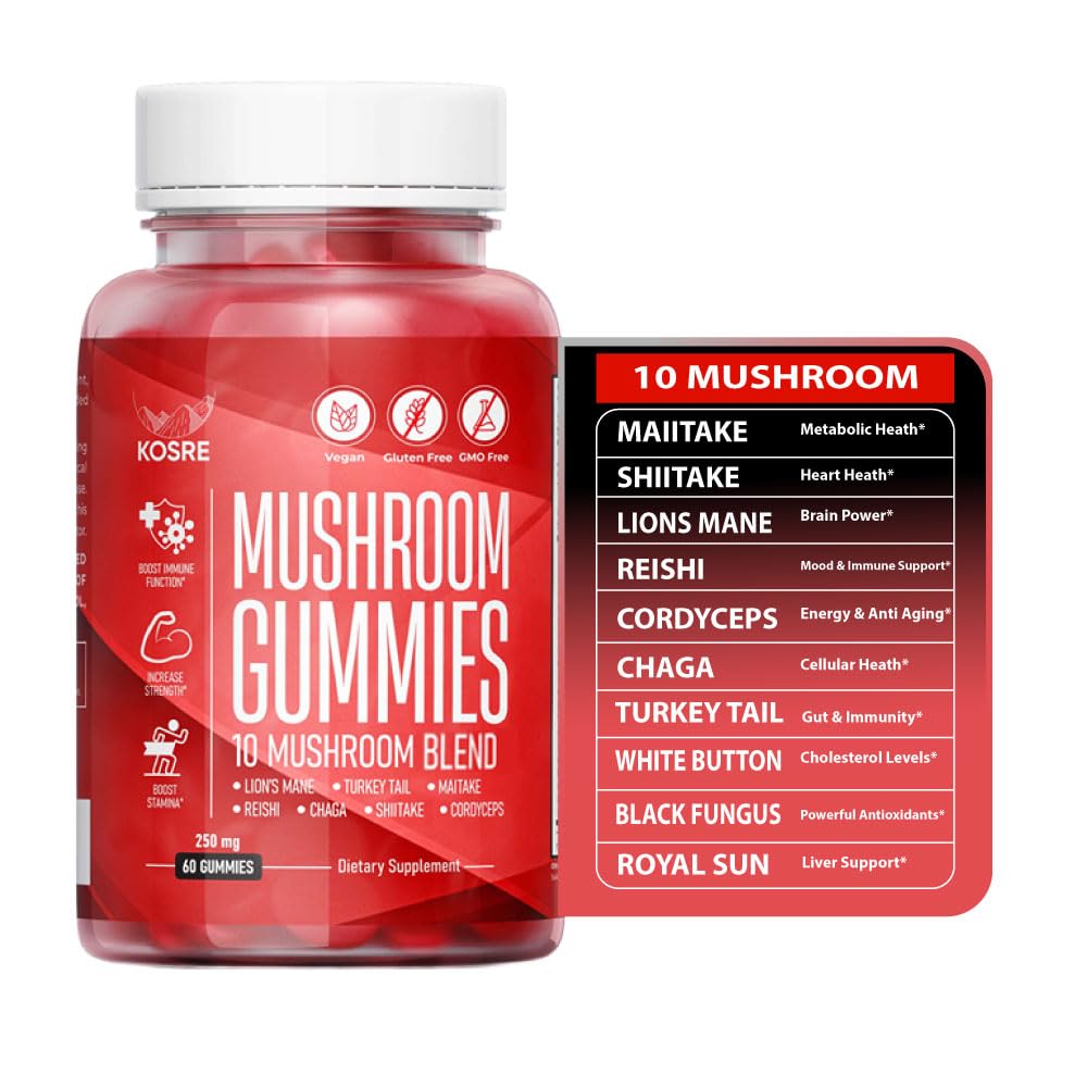 KosRE Mushroom Gummies ingredient map highlights 60 mushrooms in each serving