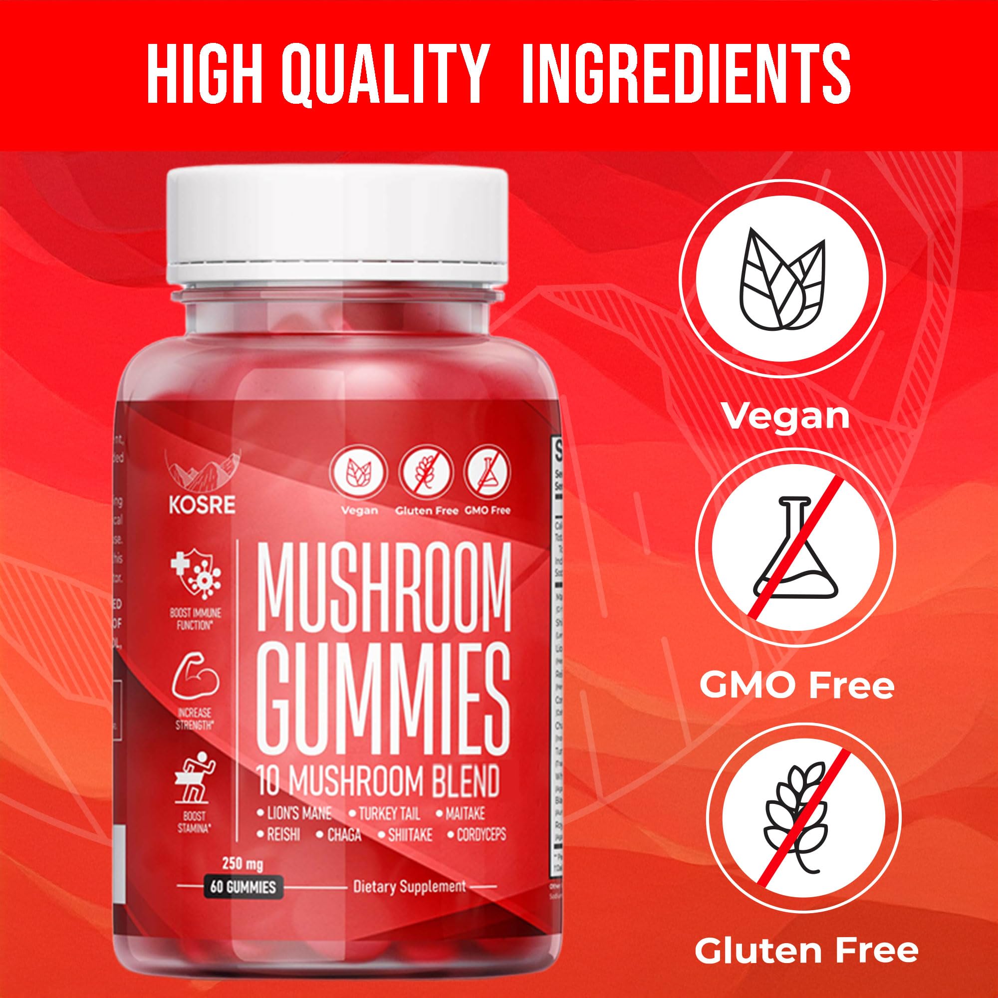 KosRE Mushroom Gummies nutrition label shows vegan, gluten-free ingredients