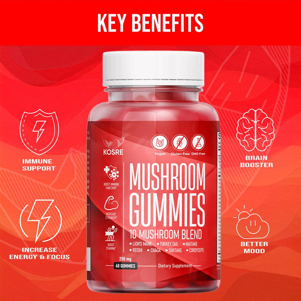KosRE Mushroom Gummies raspberry flavor with no artificial colors or flavors