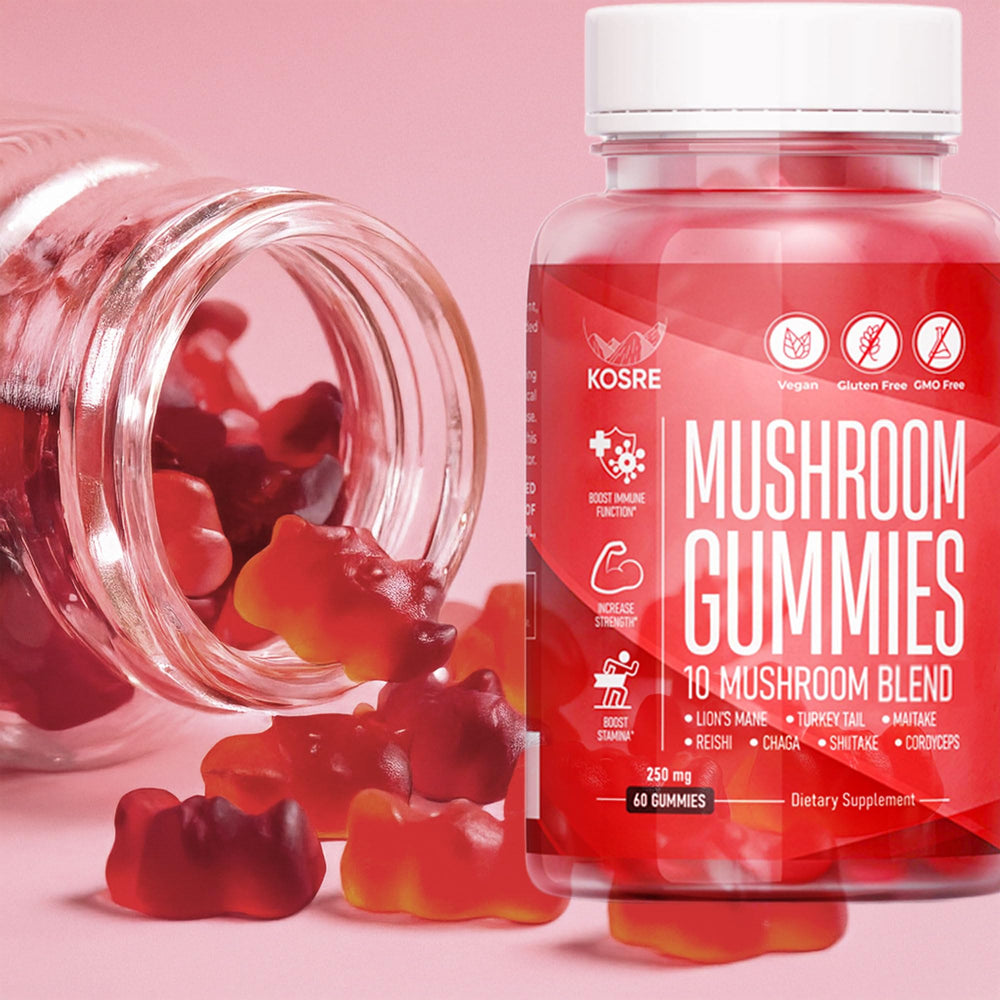 KosRE Mushroom Gummies daily usage setup with glass of water