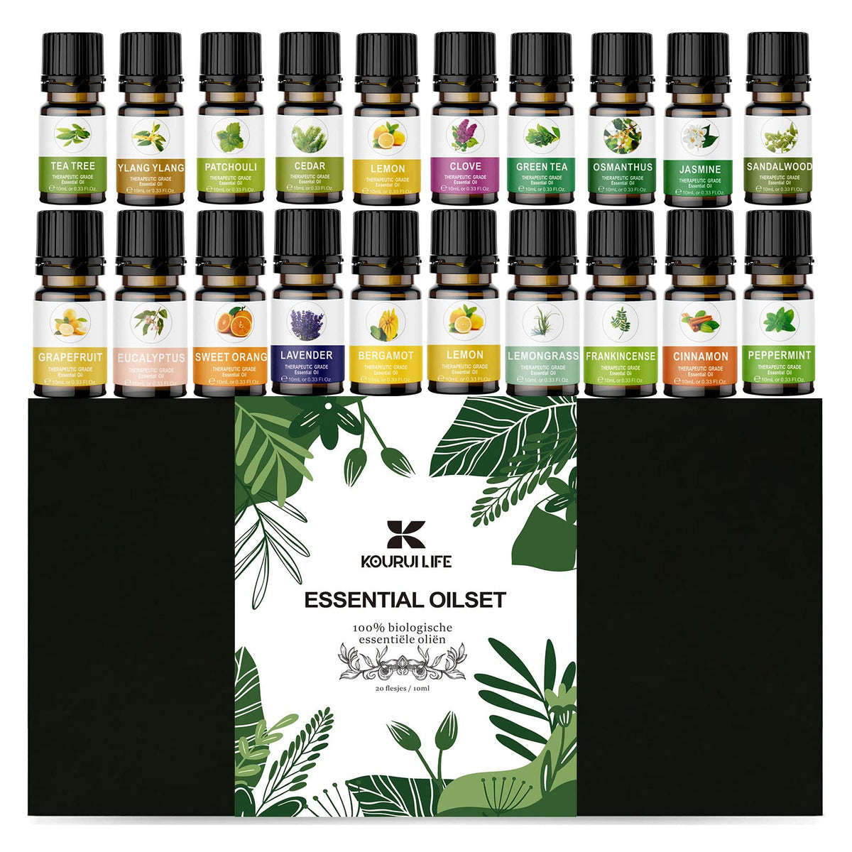 KOURUILIFE essential oils set shown with diffuser for ambient fragrance.