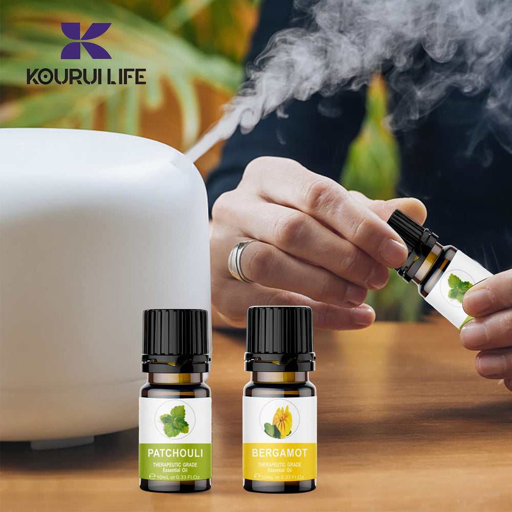 KOURUILIFE oil collection with lemon, cedar, vanilla for layered fragrances.
