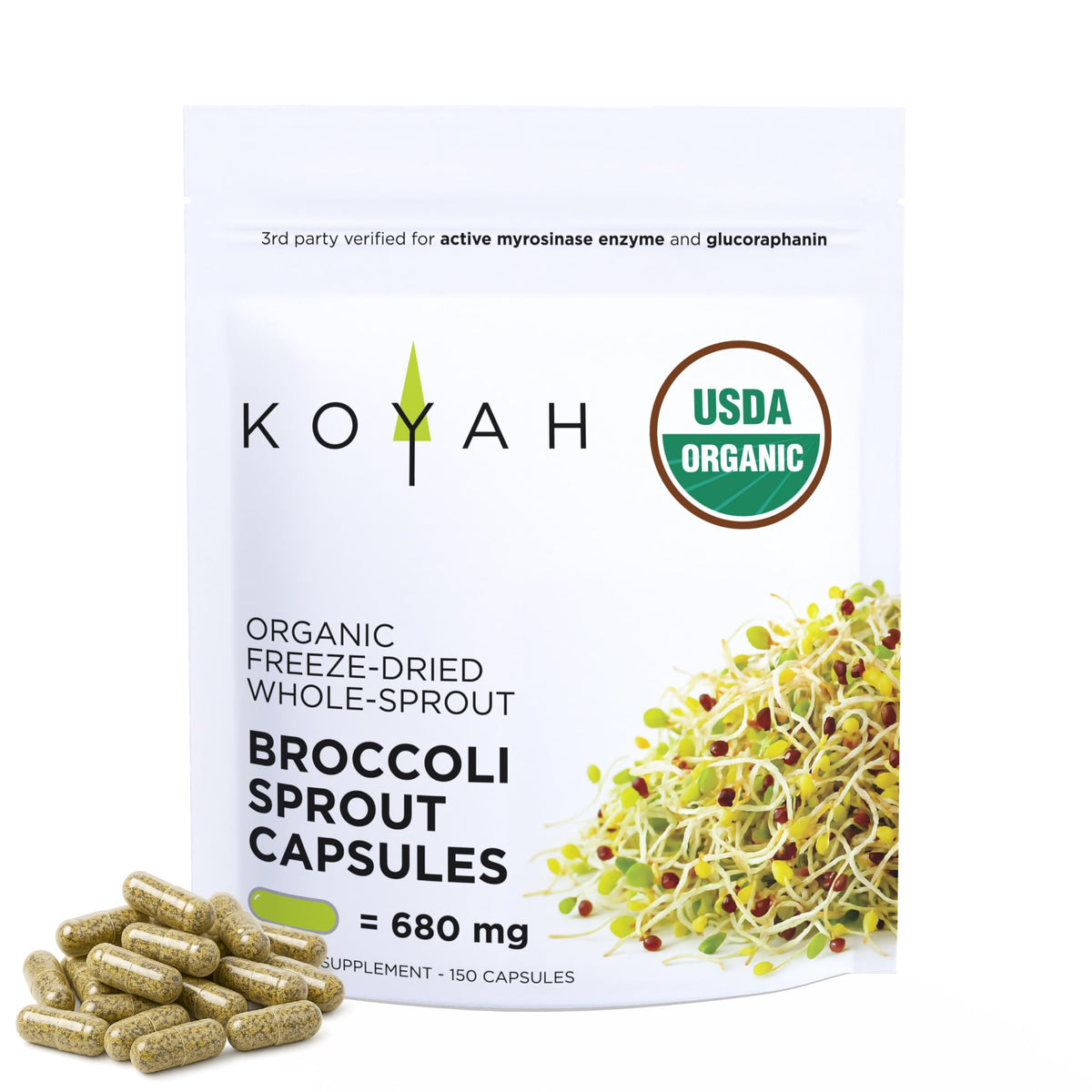 KOYAH Organic broccoli sprout capsules bottle front for daily wellness support.