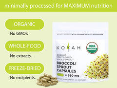 KOYAH broccoli sprout capsules close-up label shows organic and vegan ingredients