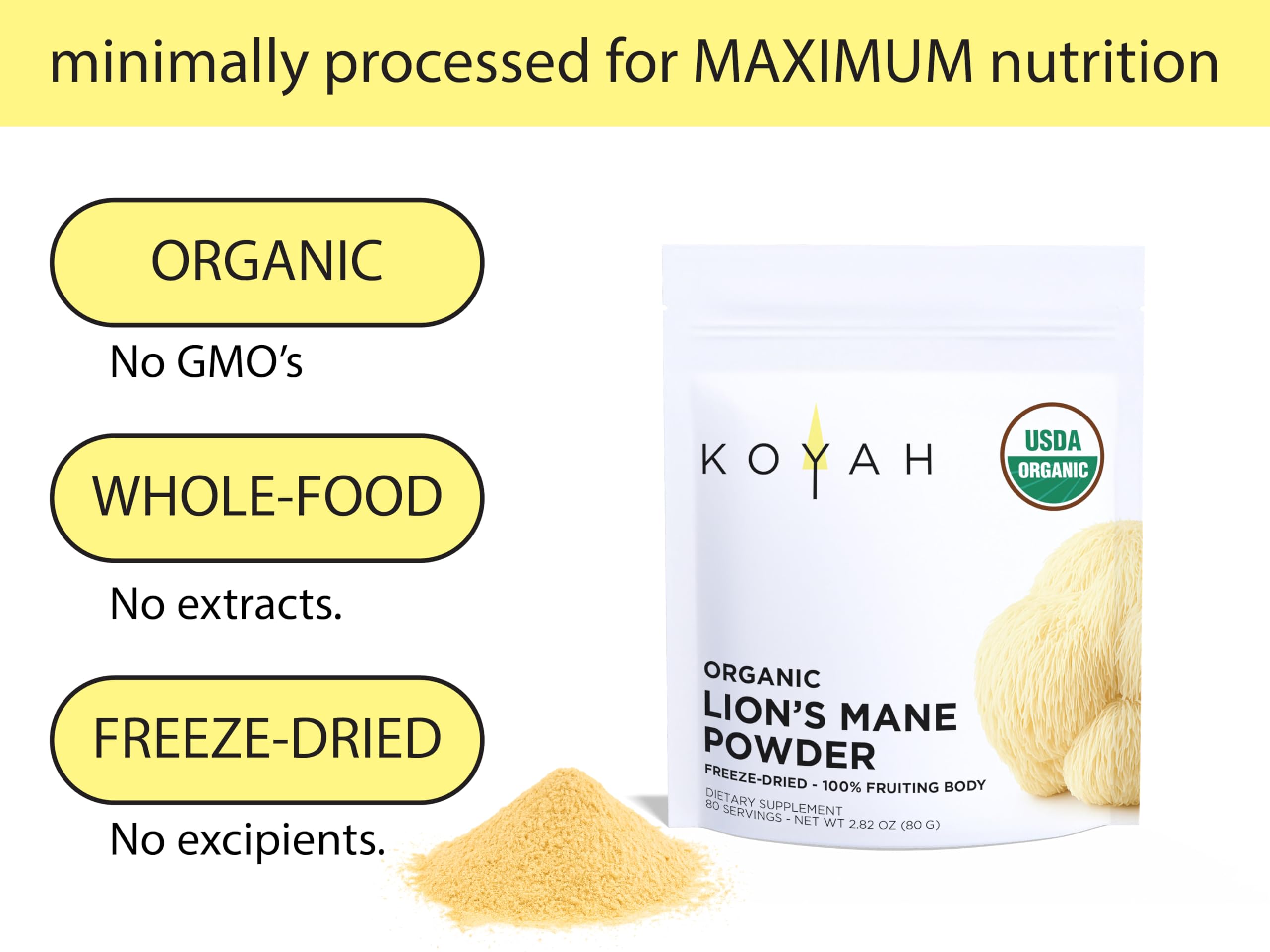 KOYAH freeze-dried Lions Mane powder bottle highlighting nutrients