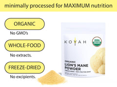 KOYAH freeze-dried Lions Mane powder bottle highlighting nutrients