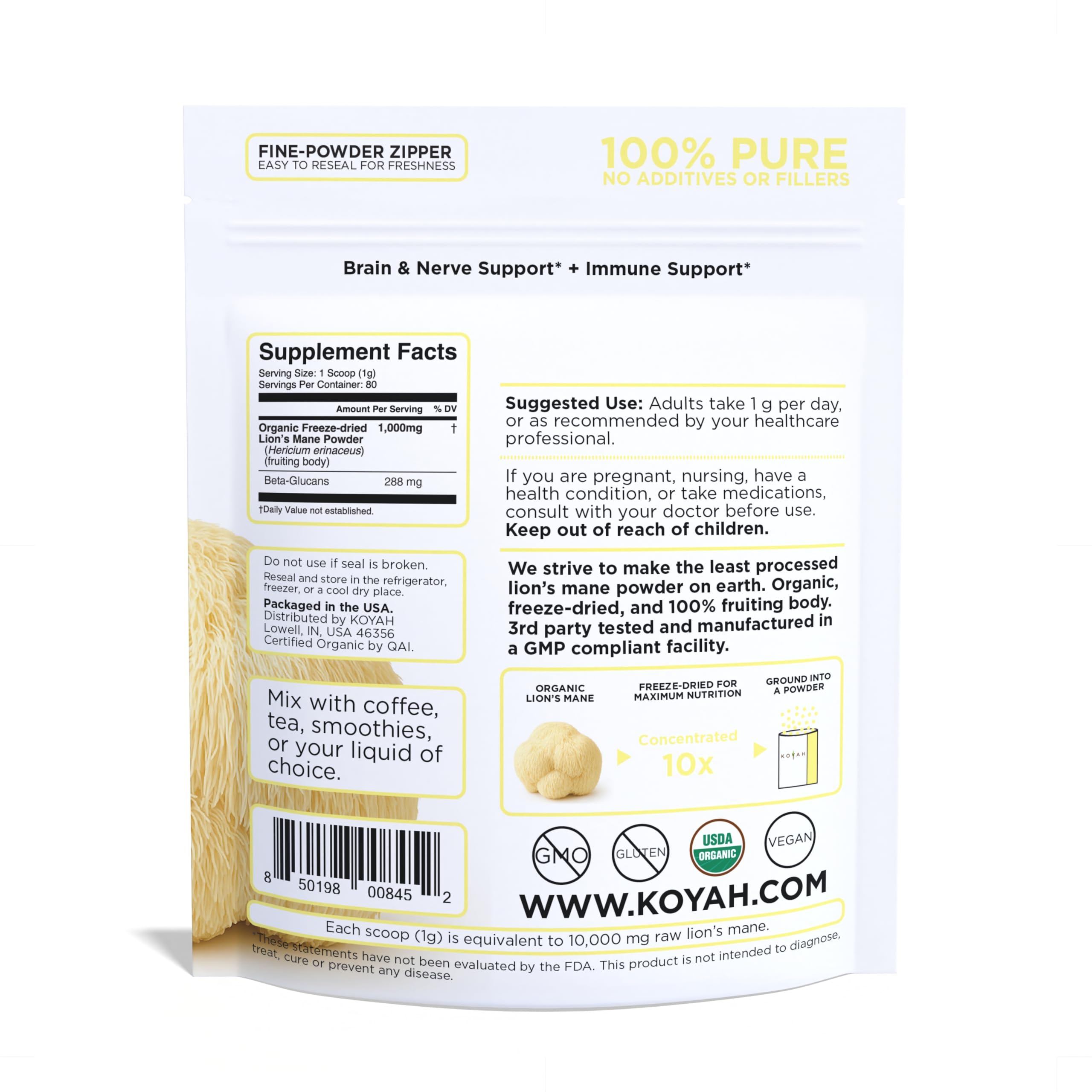 KOYAH fruiting body Lions Mane powder close-up texture ideal for blends