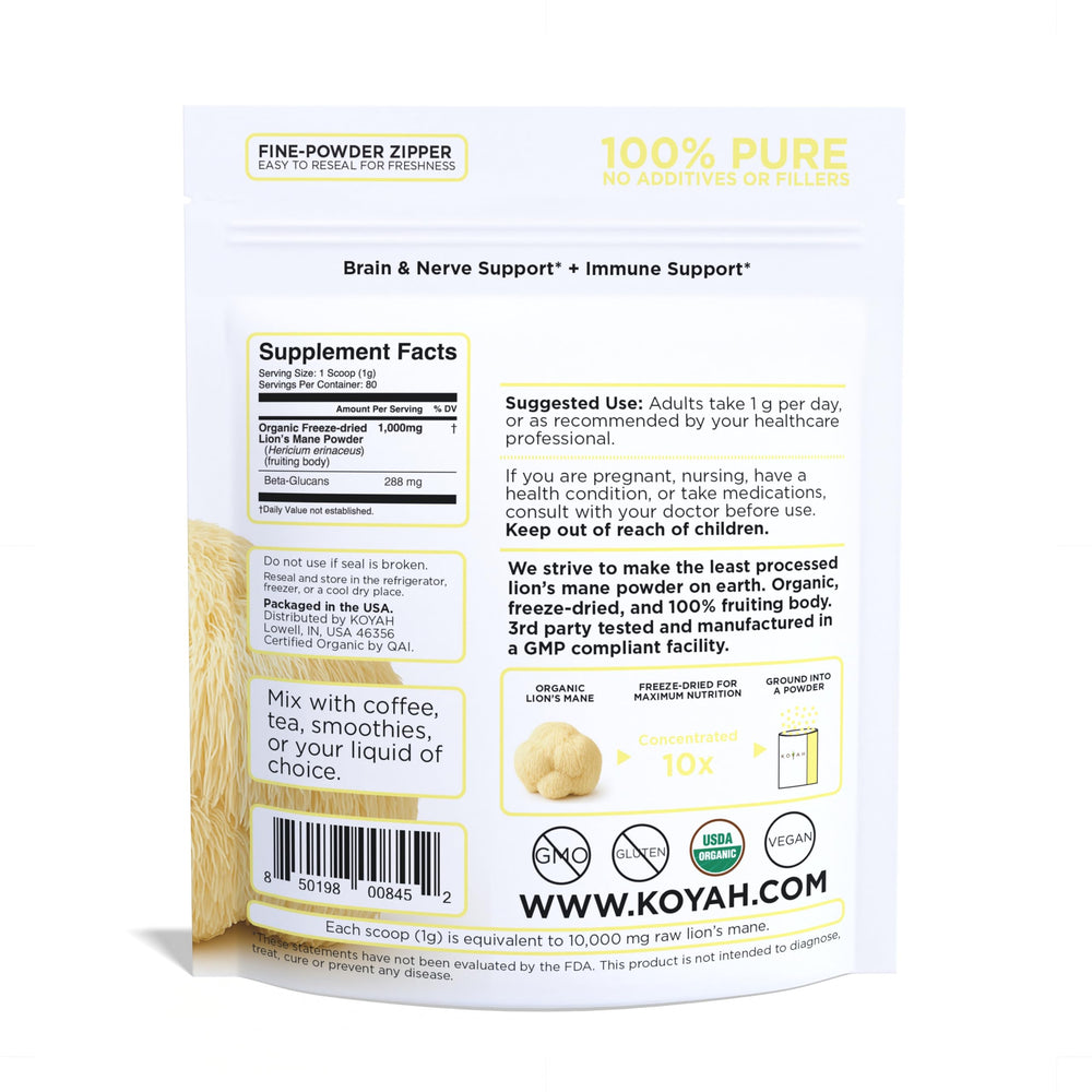 KOYAH fruiting body Lions Mane powder close-up texture ideal for blends