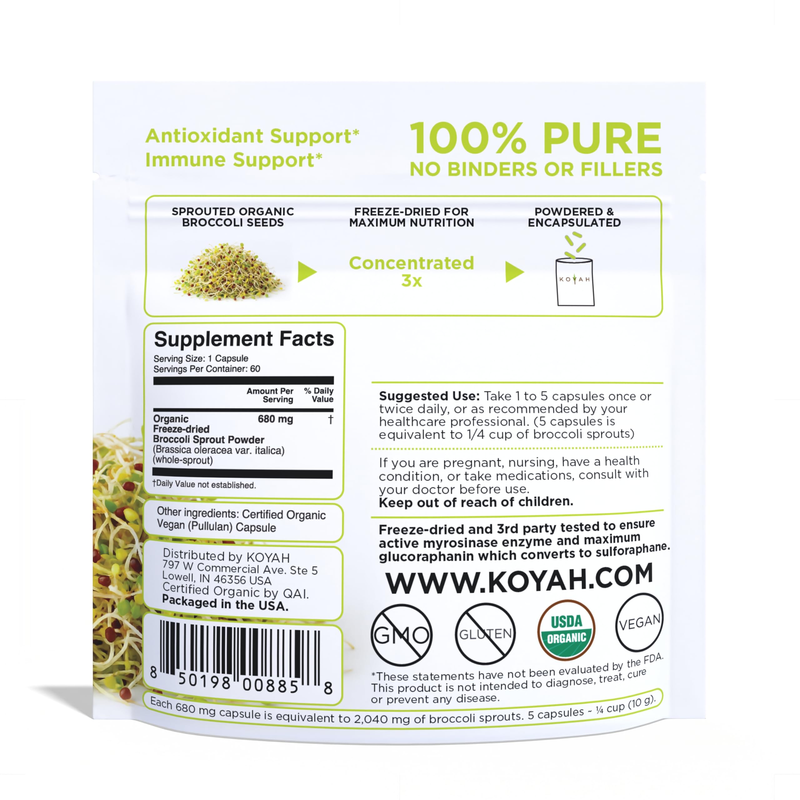 KOYAH bottle of broccoli sprout capsules ready for daily supplementation