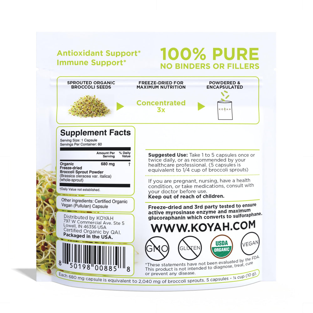 KOYAH bottle of broccoli sprout capsules ready for daily supplementation
