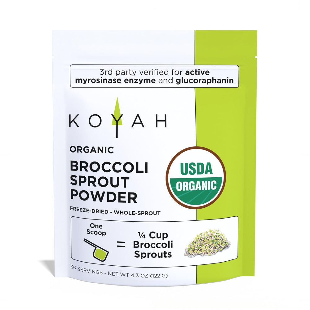 KOYAH packaging for Organic USA broccoli sprout powder showcases organic quality and resealable convenience