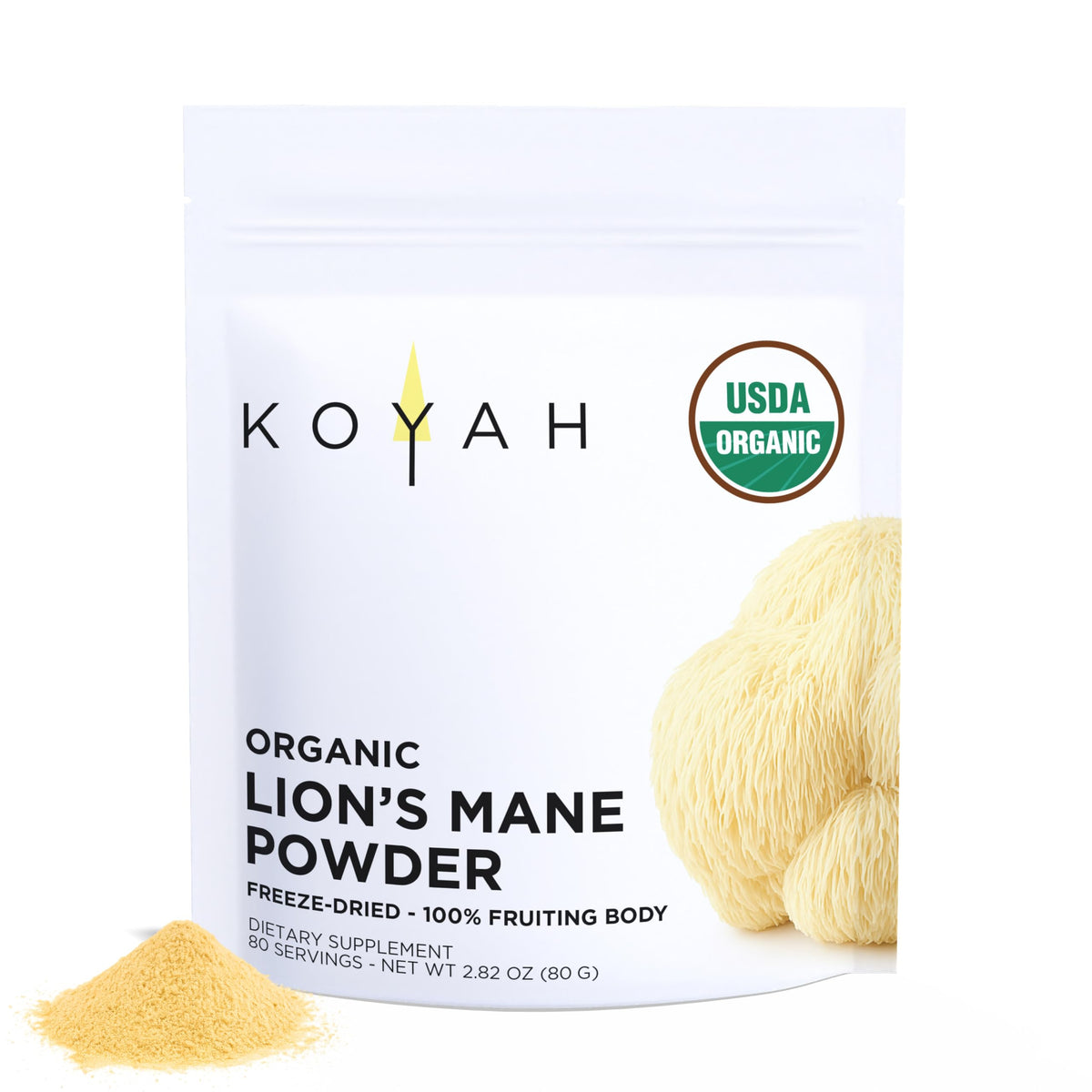 KOYAH Organic USA Lions Mane powder in jar showing 80 servings for daily use