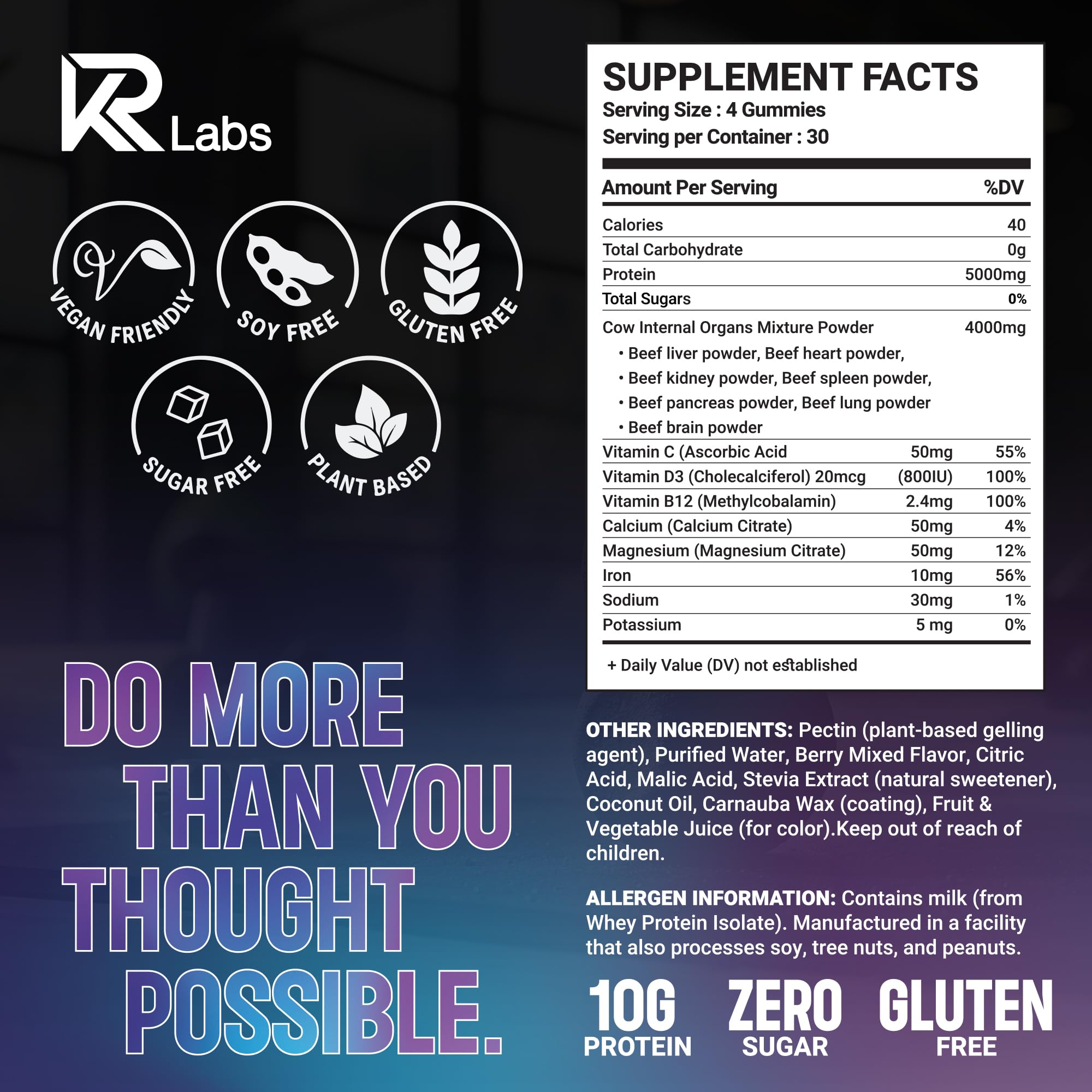 KR Labs gummies serving image highlighting 10g whey protein per serving