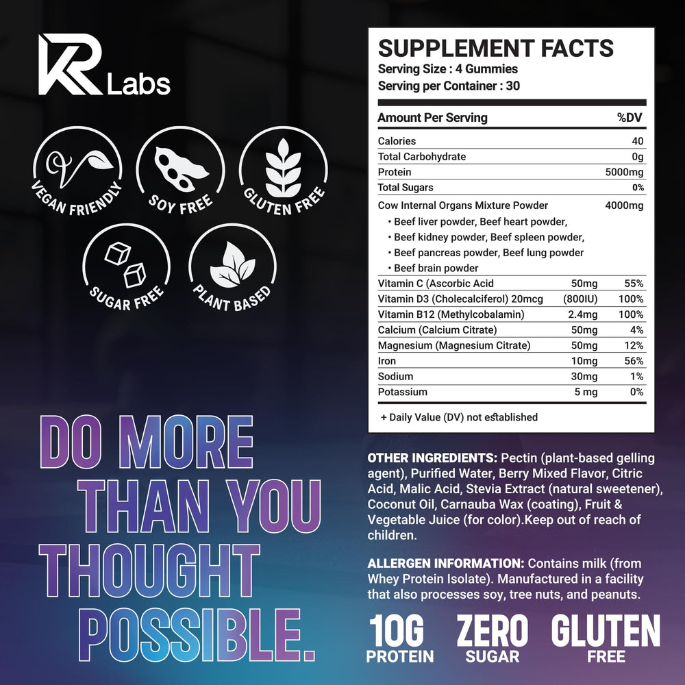 KR Labs gummies serving image highlighting 10g whey protein per serving