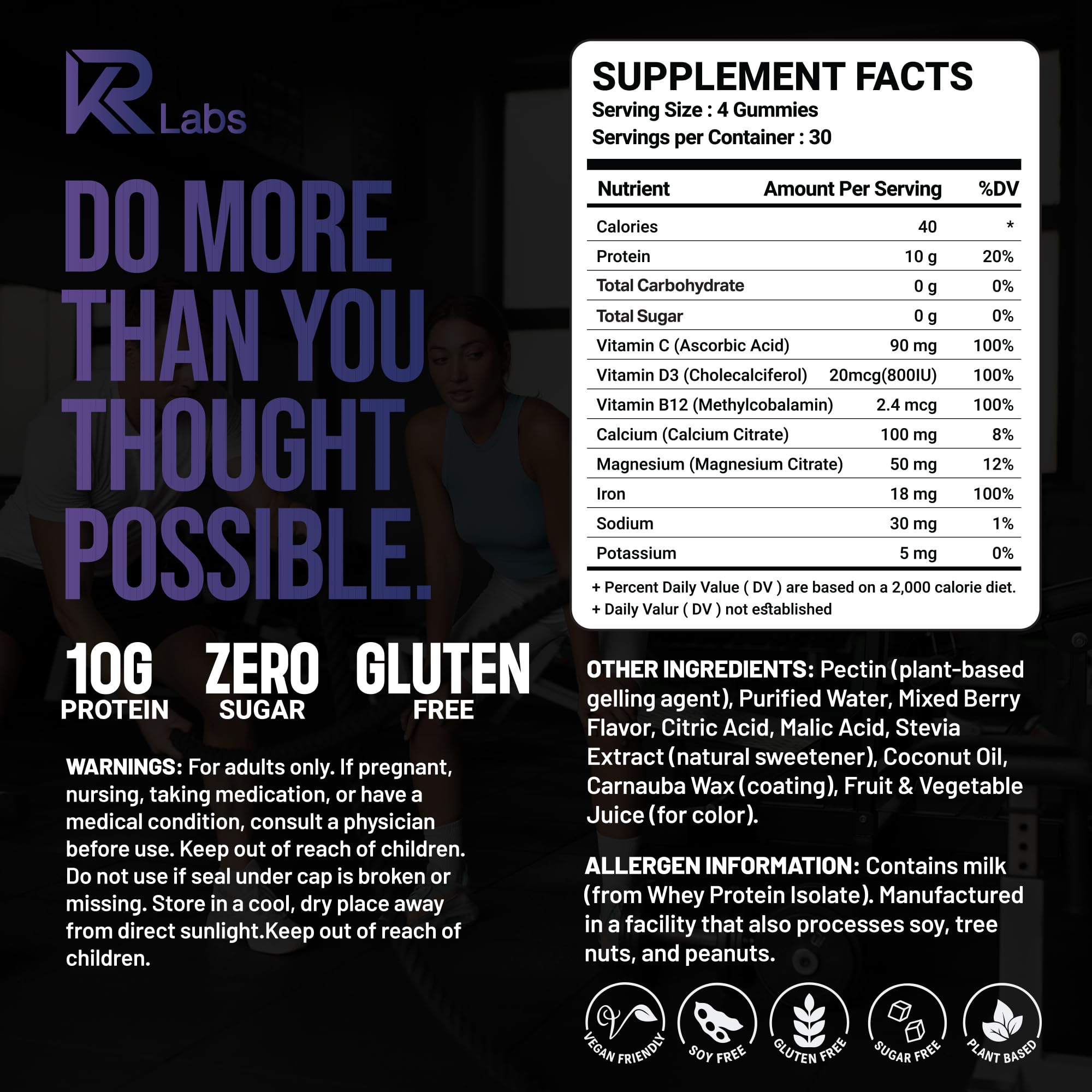 4-gummy serving delivering 10g protein from KR Labs gummies.