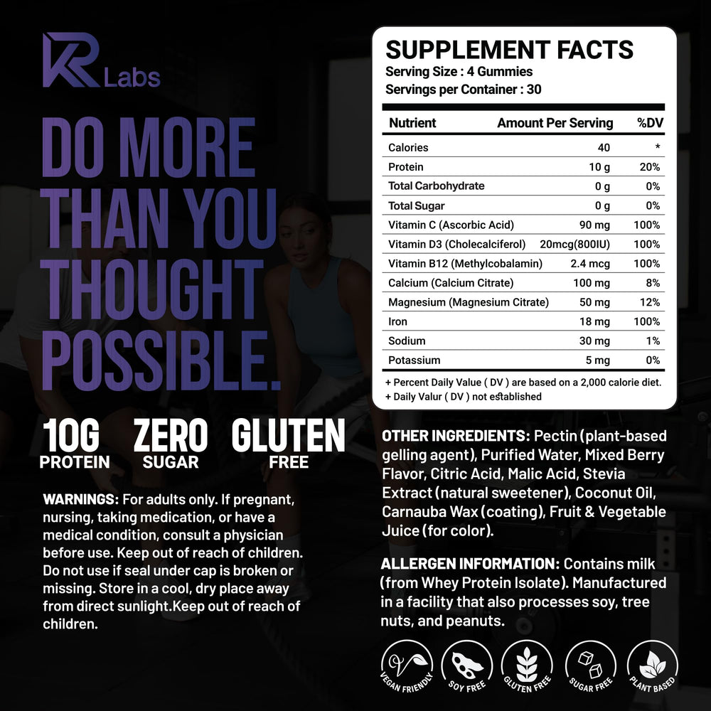 4-gummy serving delivering 10g protein from KR Labs gummies.