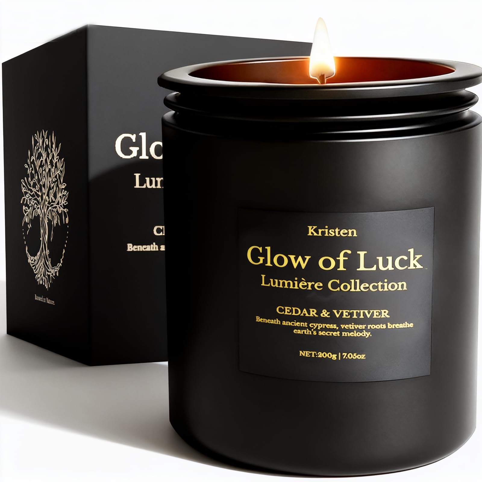 Kristen cedarwood & vetiver candle in black jar creates warm, sophisticated ambiance.