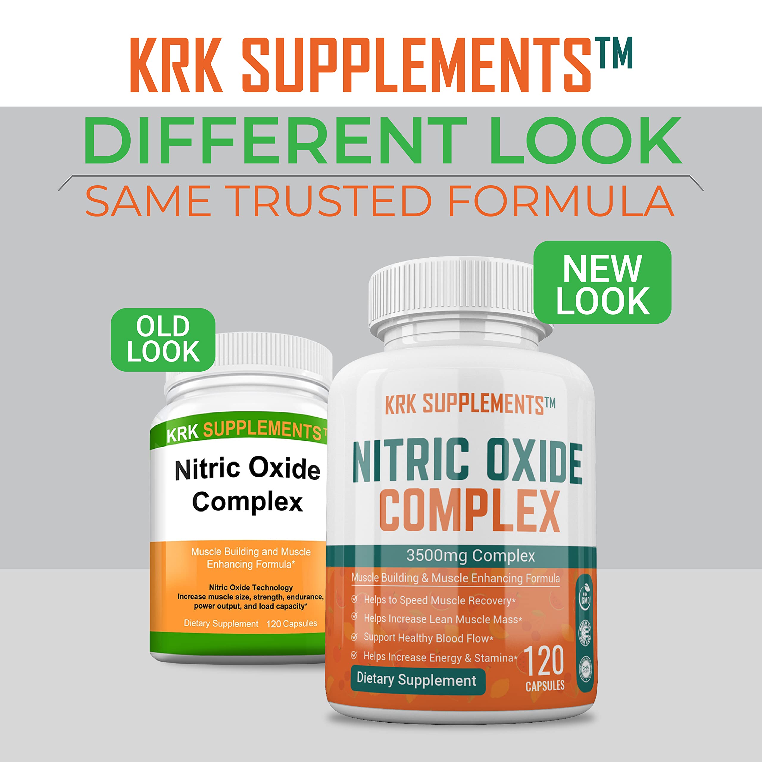KRK Supplements Nitric Oxide capsules closeup demonstrates easy daily-use capsules.