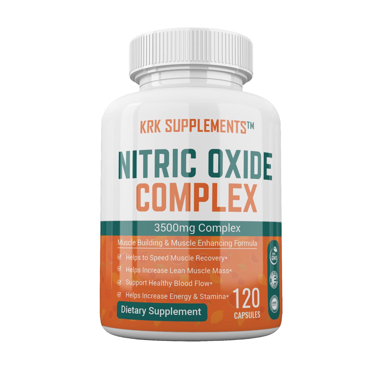 KRK Supplements Nitric Oxide Complex bottle front shows a 3500mg serving for workouts.