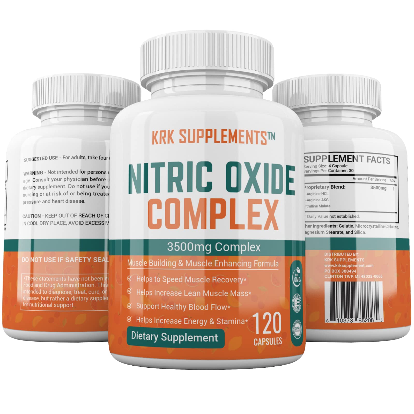 KRK Supplements Nitric Oxide Complex ingredients image highlights L-Arginine and Citrulline Malate for endurance.