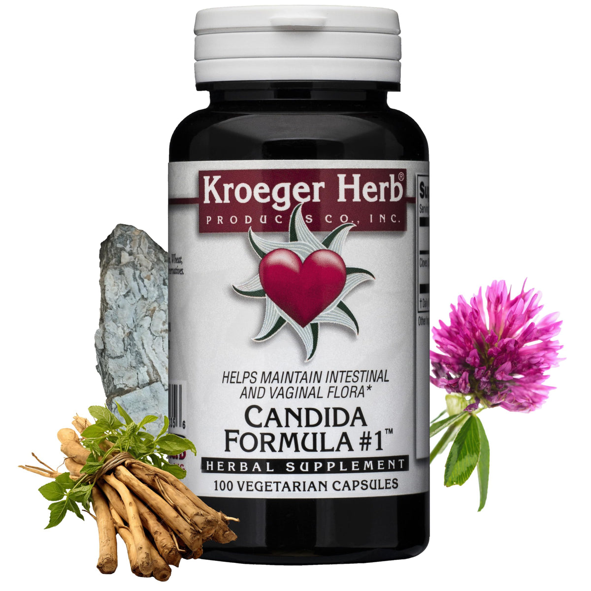 Kroeger Candida Formula 1 bottle front with herbal blend for gut balance.