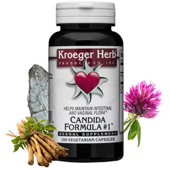 Kroeger Candida Formula 1 bottle front with herbal blend for gut balance.