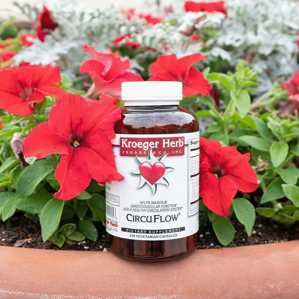 Kroeger Herb Products Circu Flow vegan symbol signifies plant-based support.