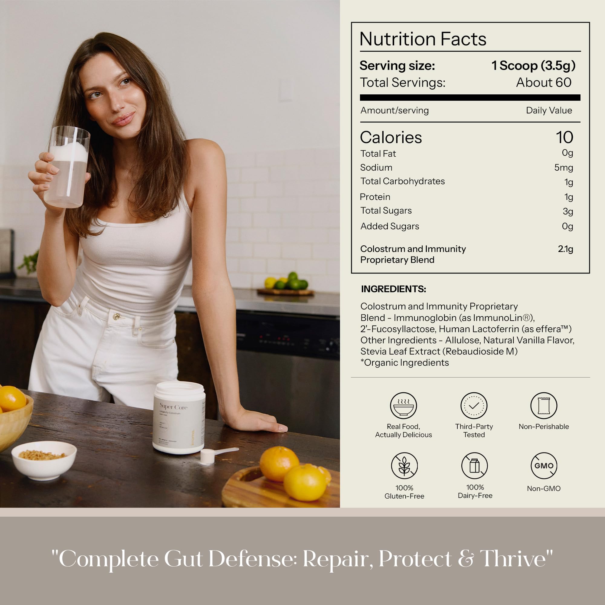 KROMA Super Core packaging closeup highlighting clean, gluten-free, non-GMO ingredients